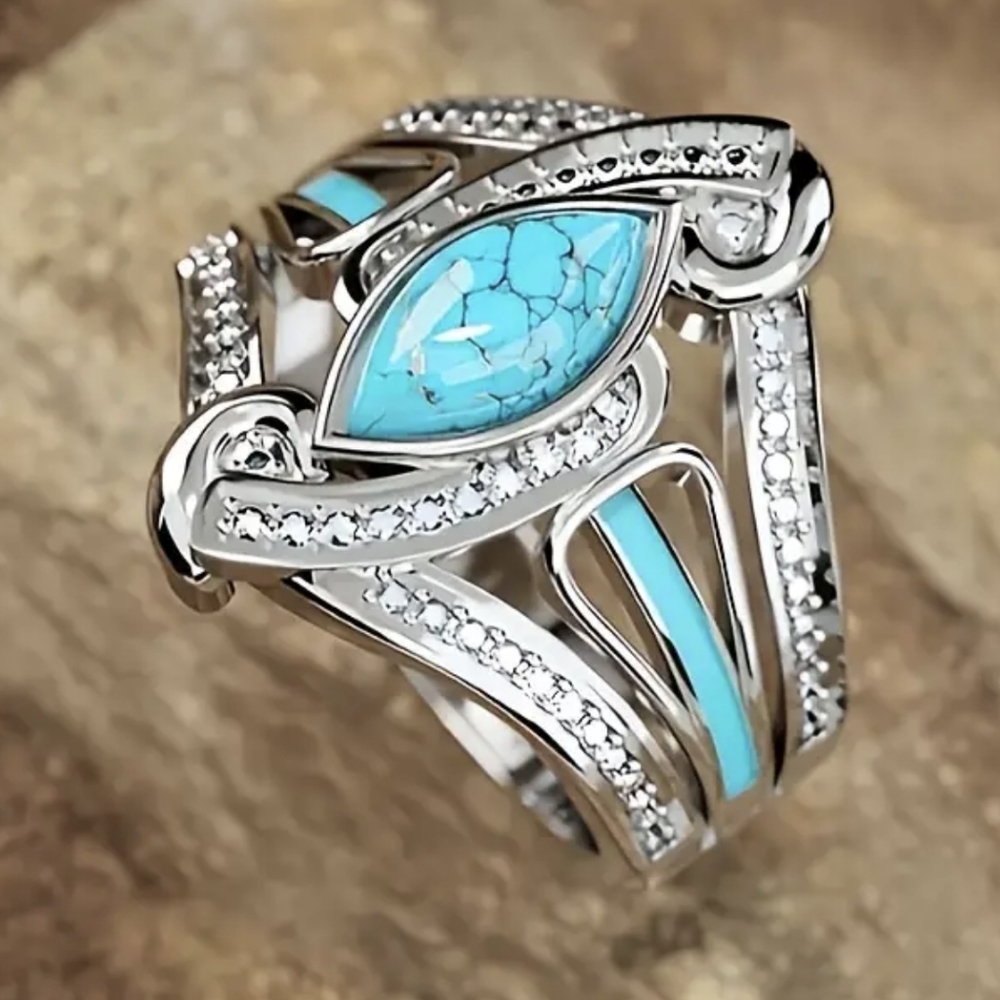 New Turquoise Inspired Statement Ring Silver Tone Marquise Turquoise Ring T2B1D